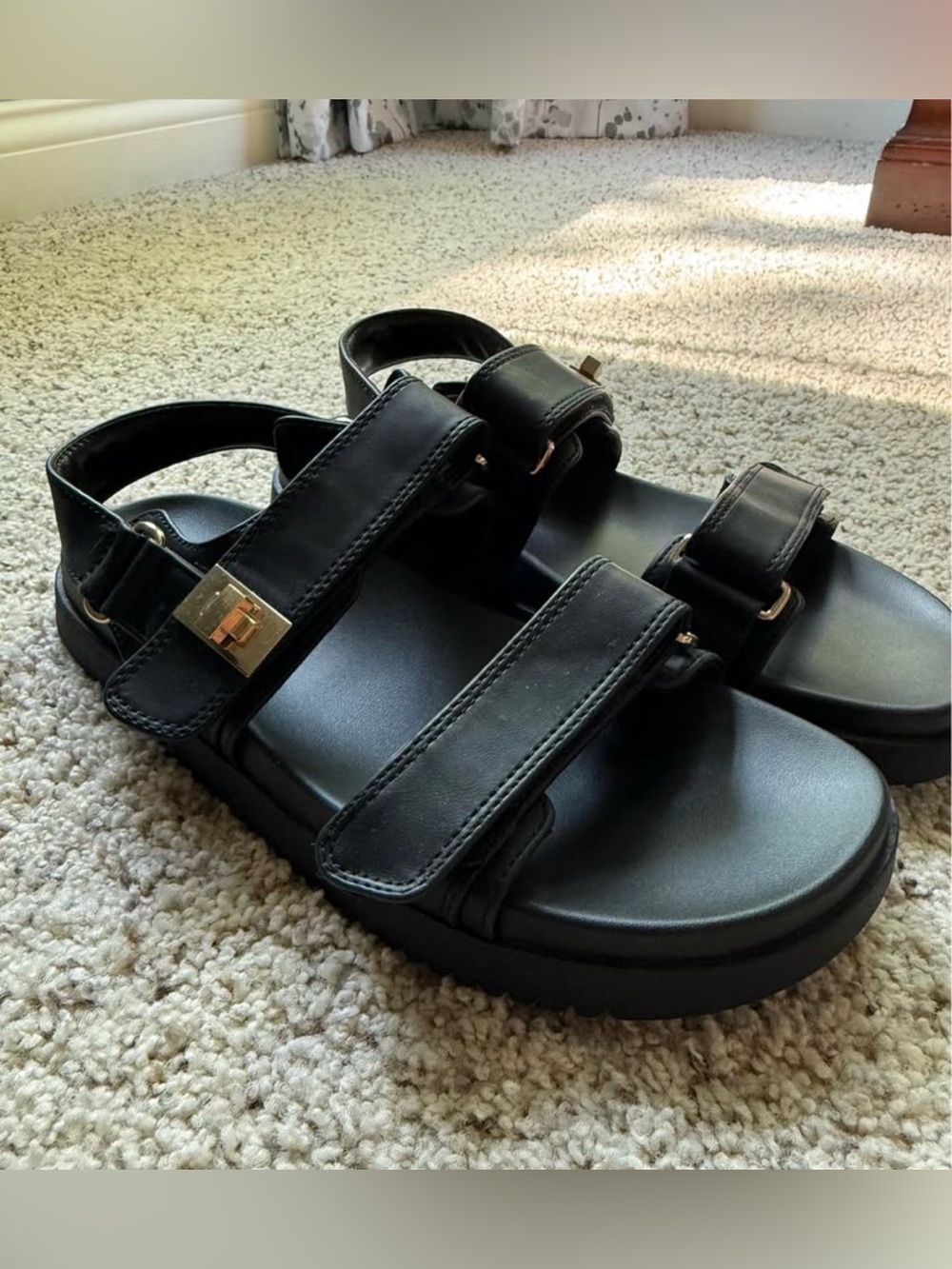Black Platform Strappy Sandals with Gold Buckle